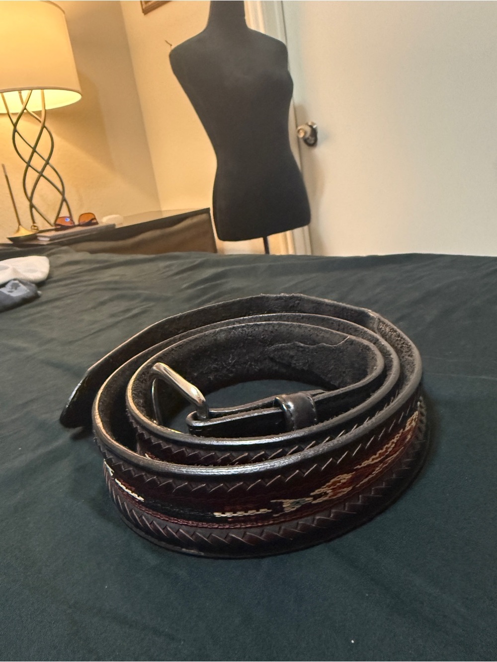 Leather Tooled Western Belt - Black and Red